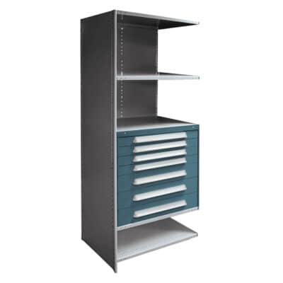 Republic shelving with blue modular drawers add-on